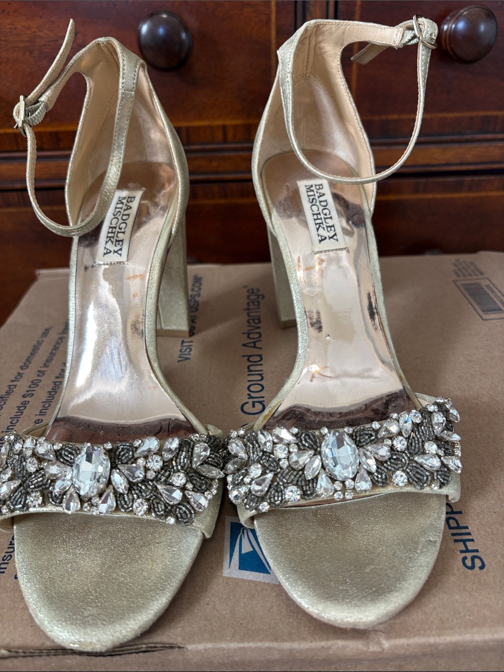 Badgley Mischka Gold Jeweled Ankle-Strap Sandals